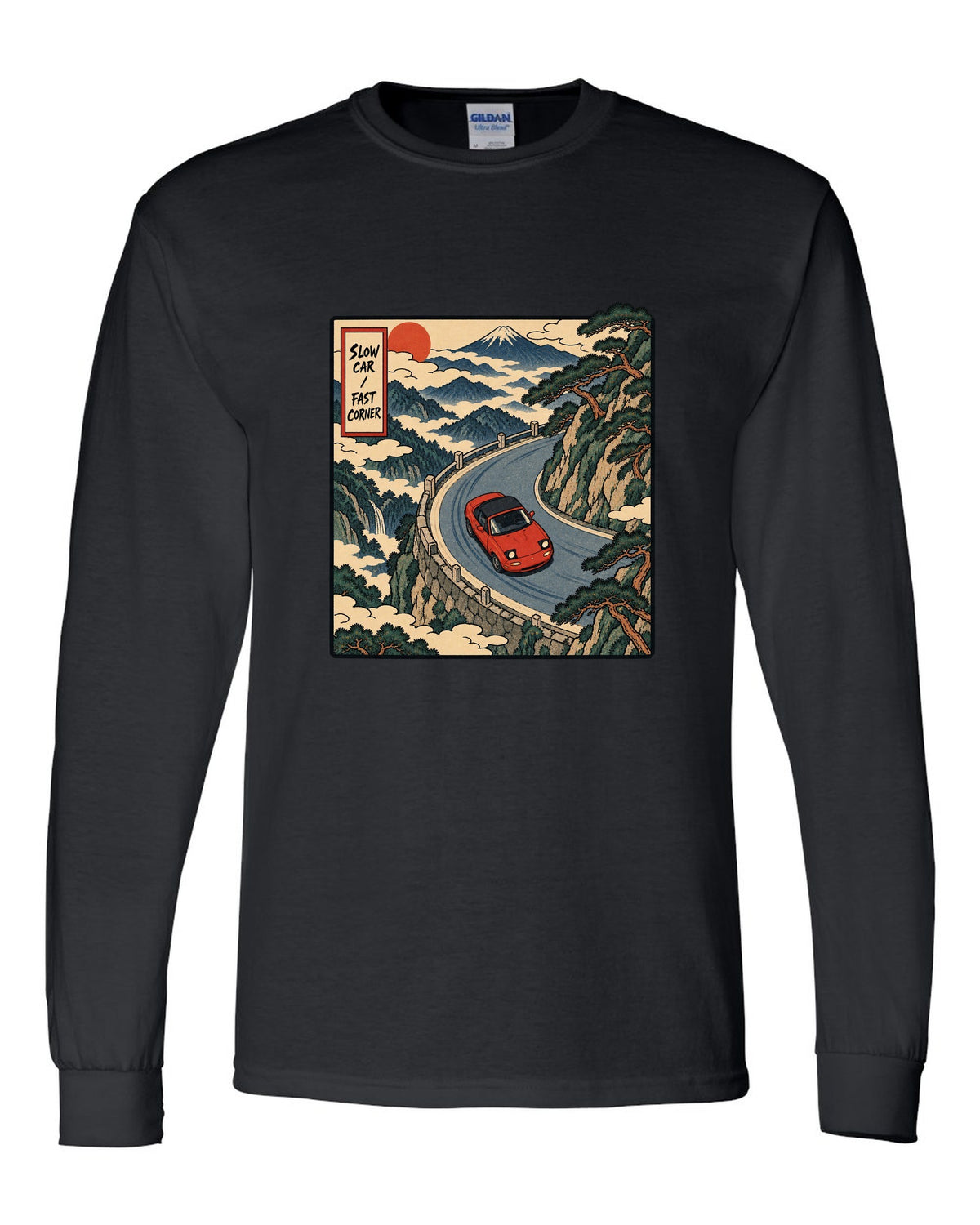 Flat silhouette row of Mazda MX-5 NA, NB, NC and ND generations black long sleeve front view with the design