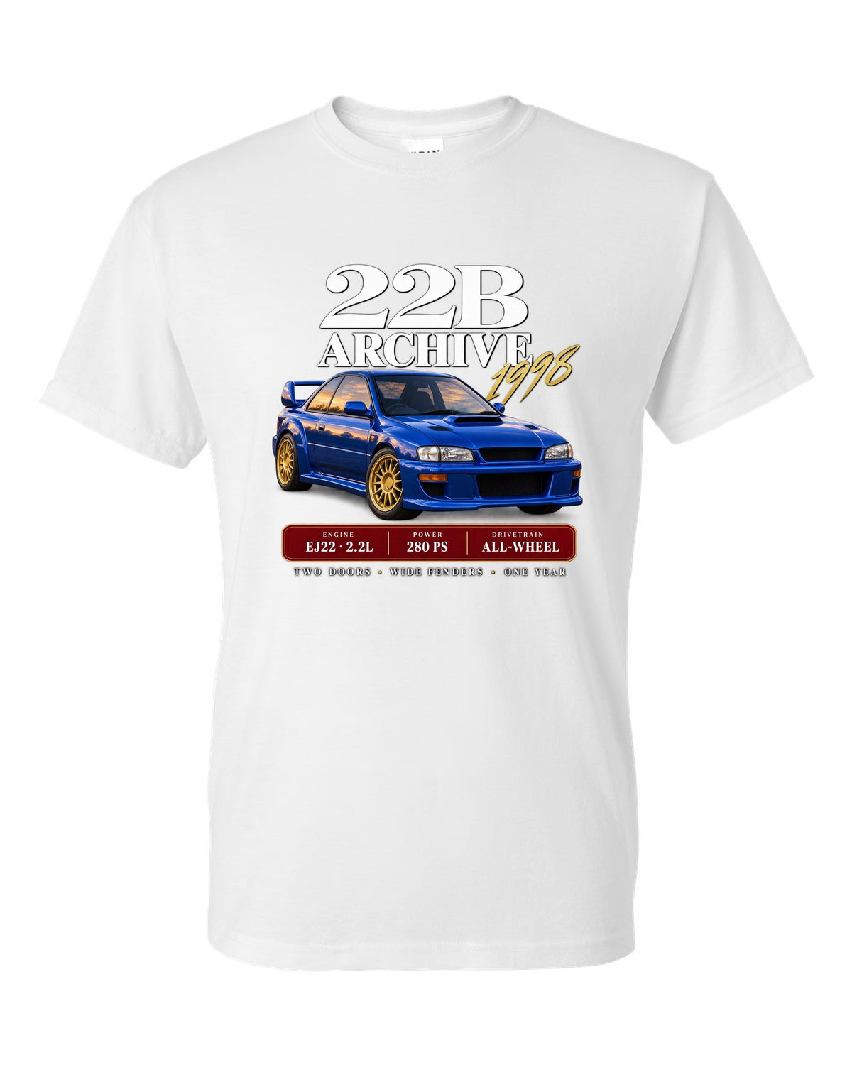 Subaru Impreza 22B STI 1998 archive panel with EJ22 2.2L 280 PS specs white t-shirt front view with the design
