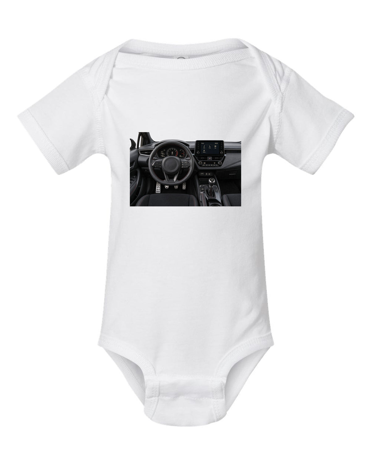 Overhead Toyota GR Yaris G16E-GTS engine bay illustration white baby onesie front view with the design
