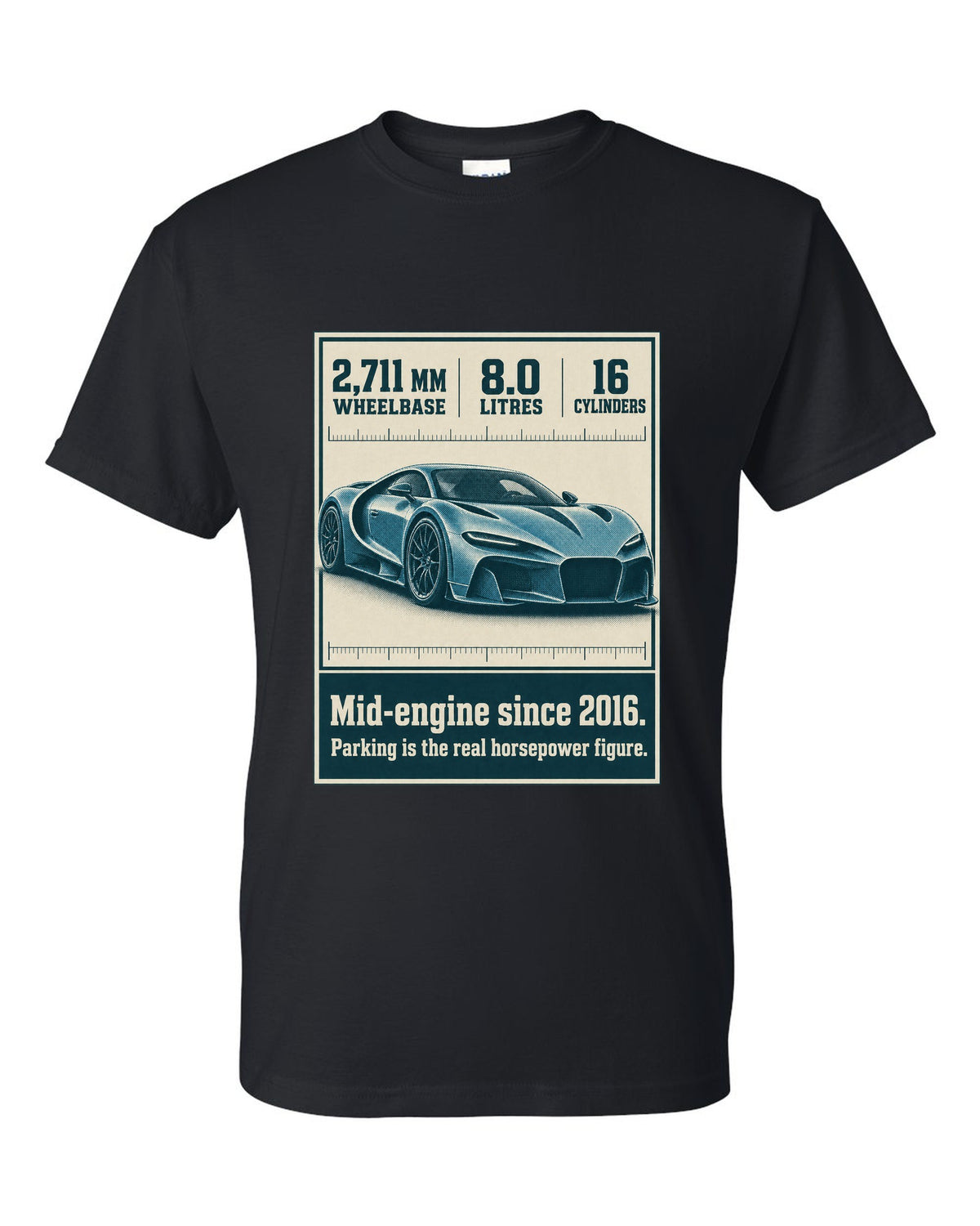 Bugatti Chiron Sport halftone print with wheelbase and engine facts black t-shirt front view with the design
