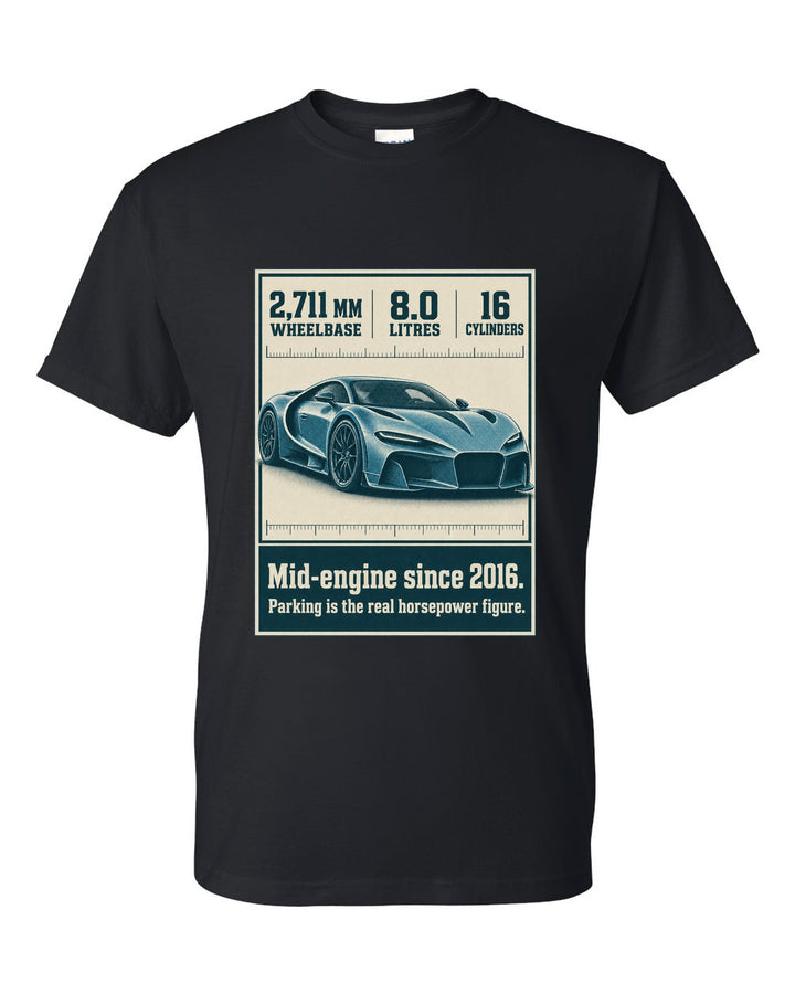 Bugatti Chiron Sport halftone print with wheelbase and engine facts black t-shirt front view with the design