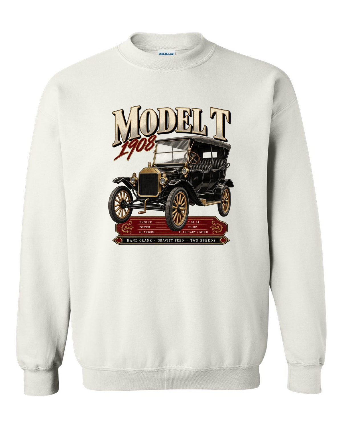 Archive panel print of a Ford Model T touring car with engine specs white crewneck front view with the design