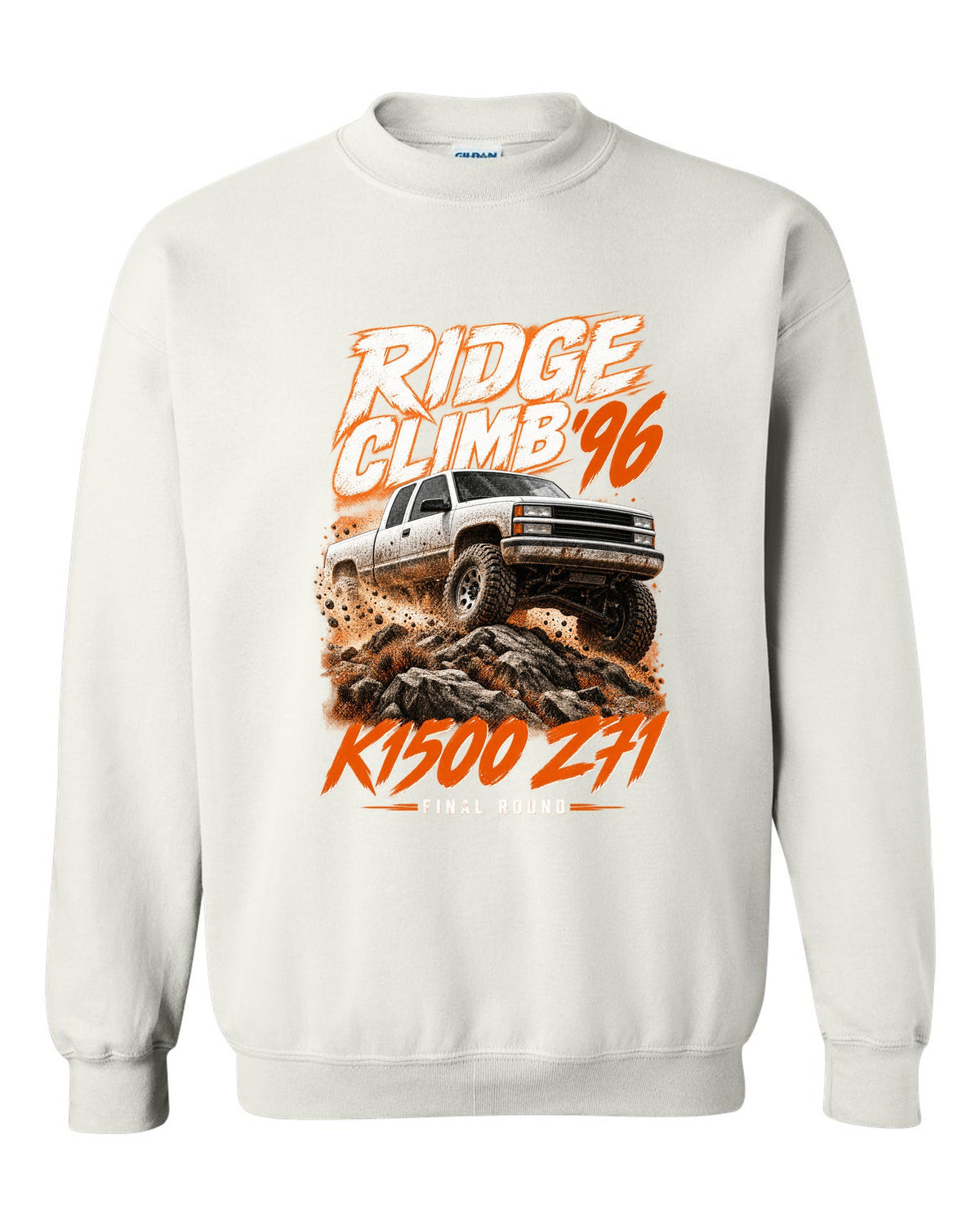 1996 Chevy K1500 Z71 OBS Ridge Climb race poster print white crewneck front view with the design