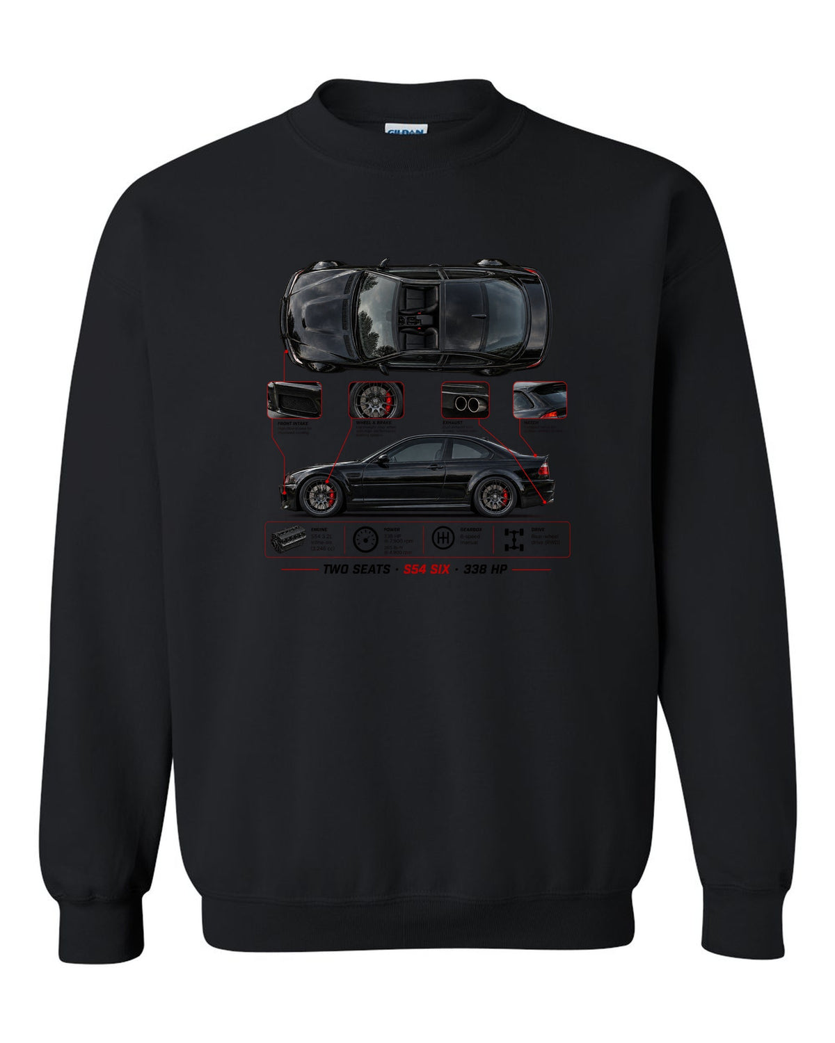 BMW Z4 M Coupe E86 spec poster print with two seats S54 six 338 hp black crewneck front view with the design