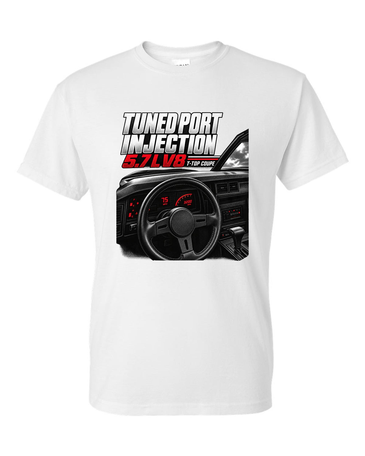 Cockpit and gauge cluster print of a 1988 Chevrolet Camaro IROC-Z with 5.7 L V8 text white t-shirt front view with the design
