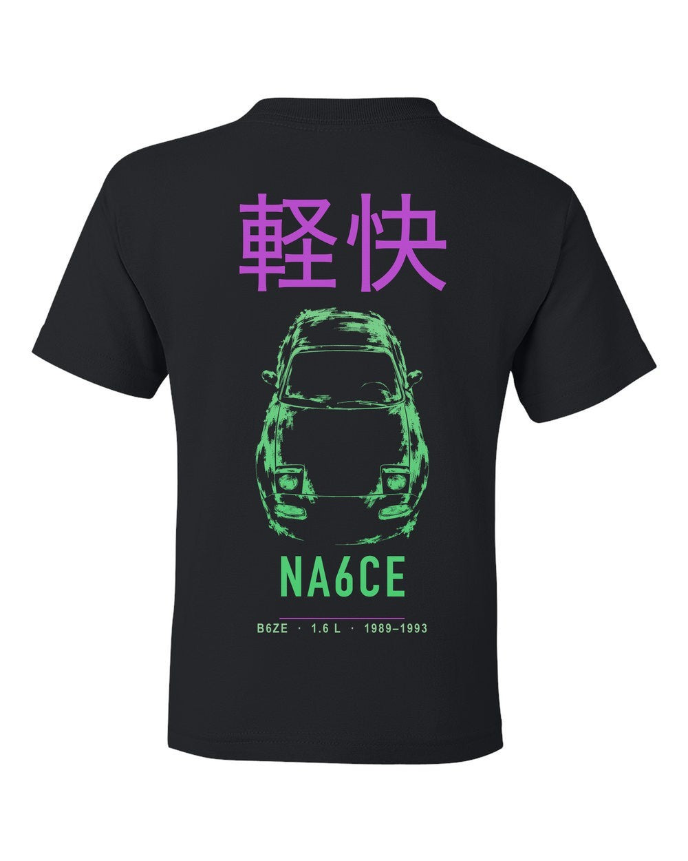 NA6CE full-back artwork black kids tee back view with the design