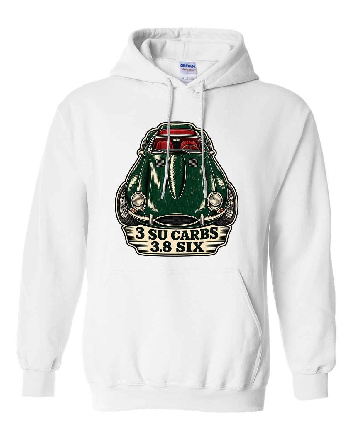 Jaguar E-Type Series 1 long bonnet woodcut with 3 SU CARBS 3.8 SIX lettering white pull over hoodie front view with the design