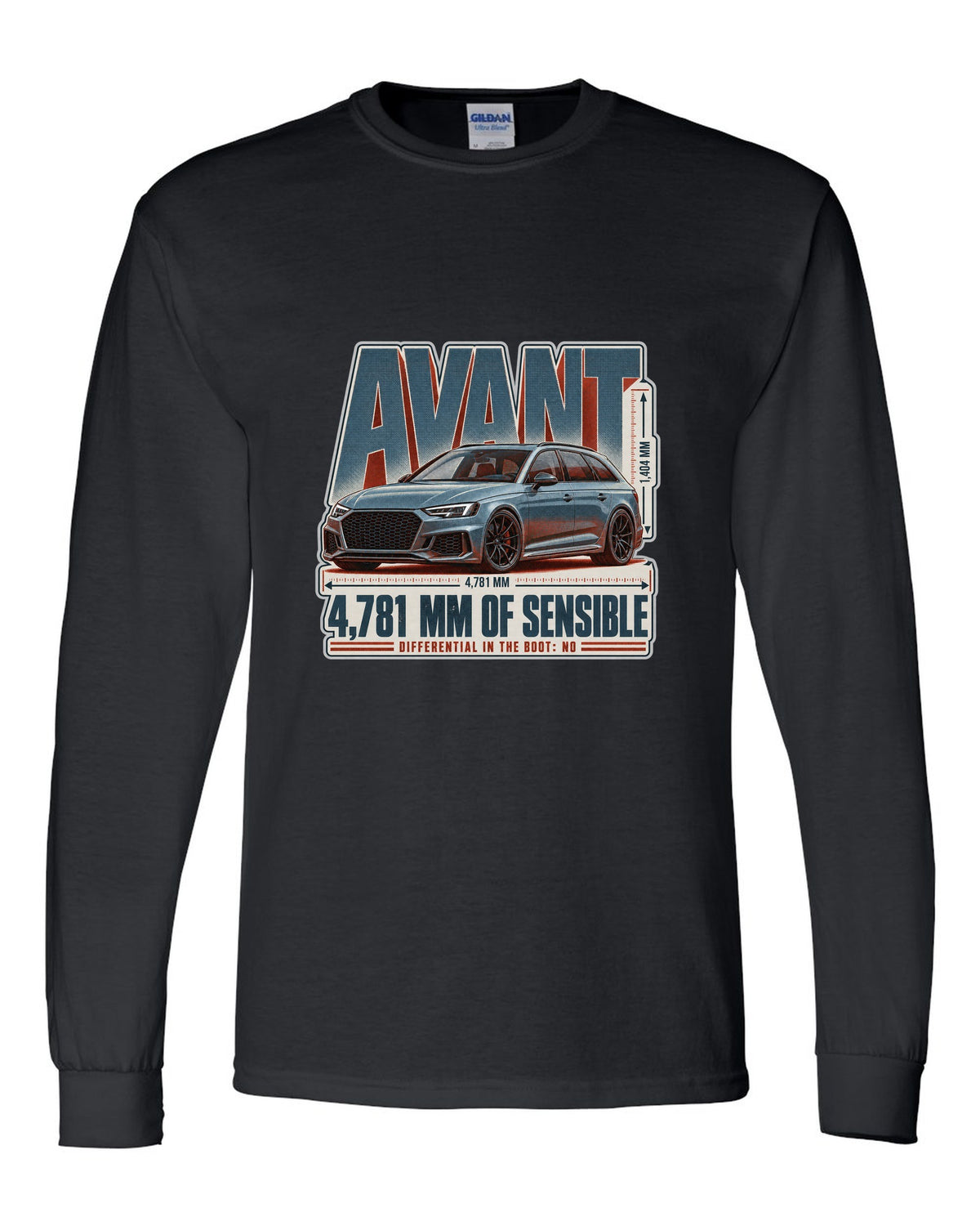 Audi RS4 Avant B9 halftone statement print with wagon text black long sleeve front view with the design