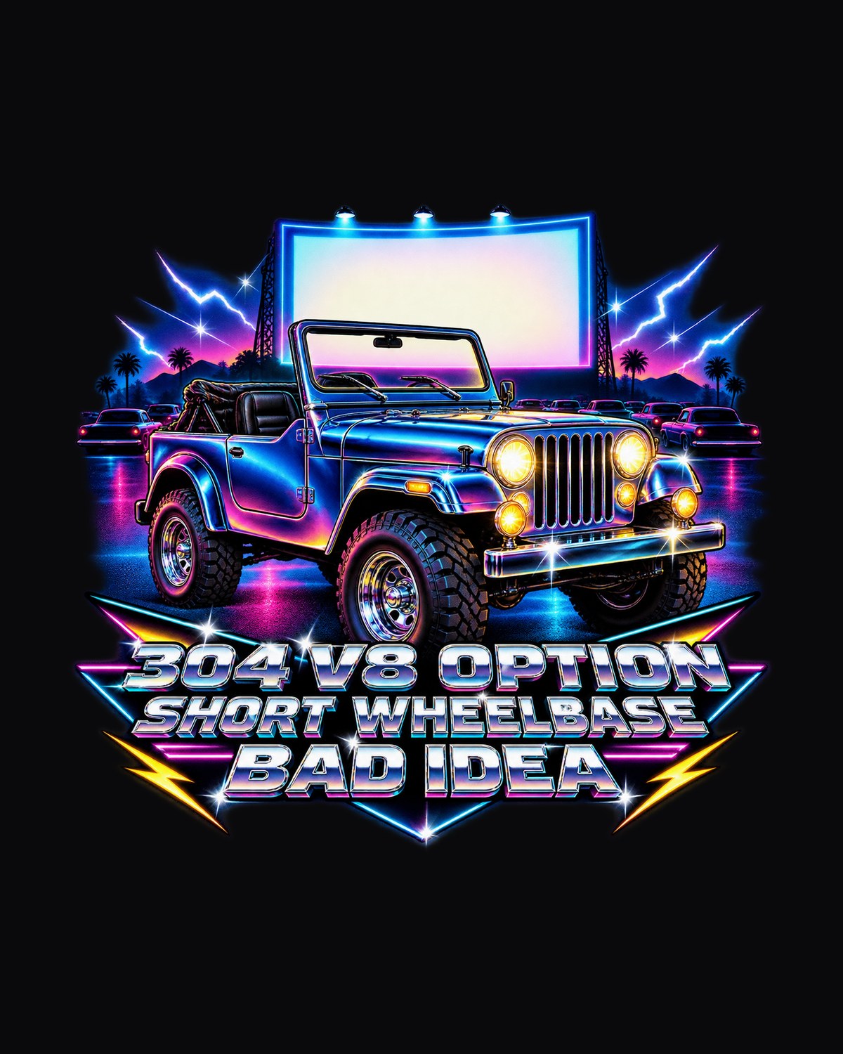 Jeep CJ-5 304 V8 Drive-In Airbrush Tee, 80s Chrome Gift design only
