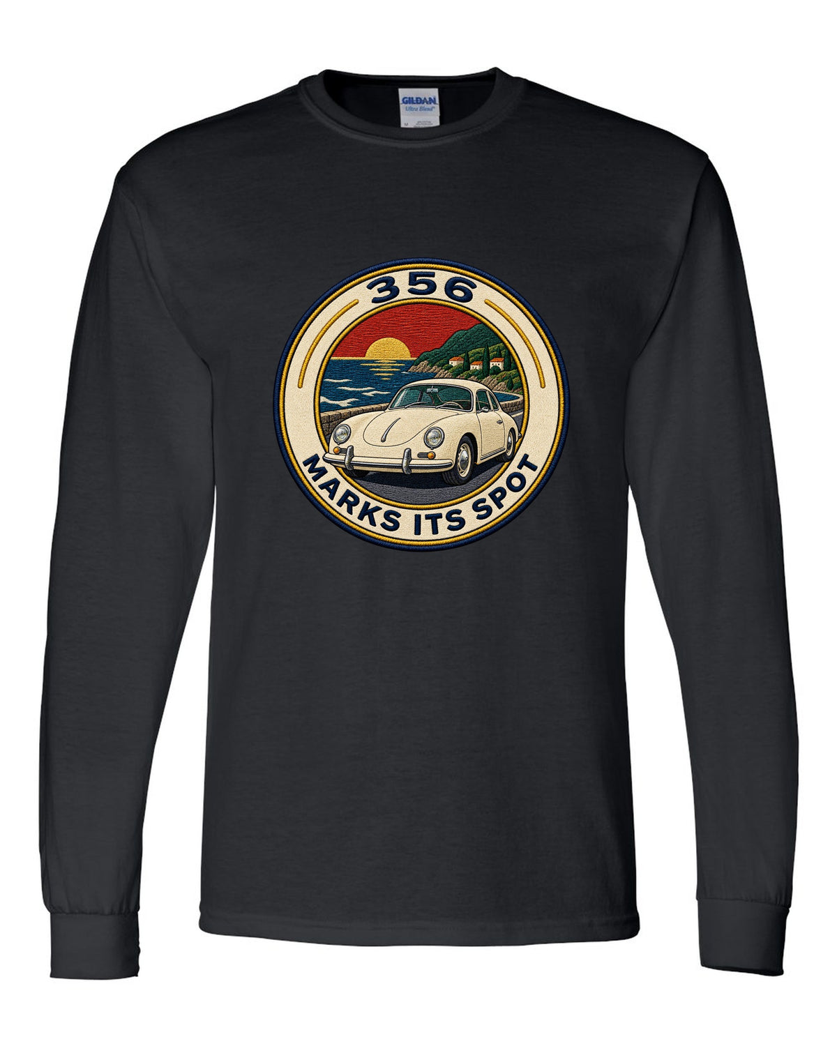 Round varsity crest style illustration of a Porsche 356 A black long sleeve front view with the design