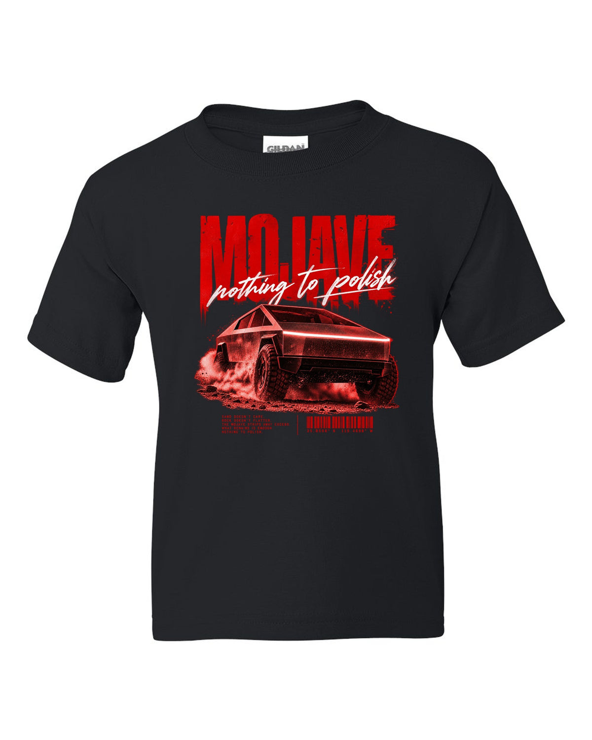 Tesla Cybertruck low front three-quarter on a Mojave desert road street poster black kids tee front view with the design