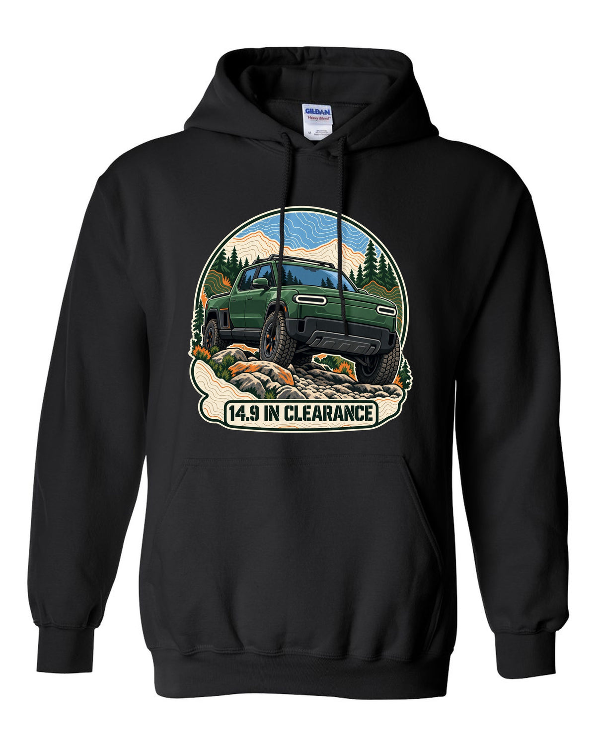 Topographic contour map illustration print of a Rivian R1T reading 14.9 In Clearance black pull over hoodie front view with the design