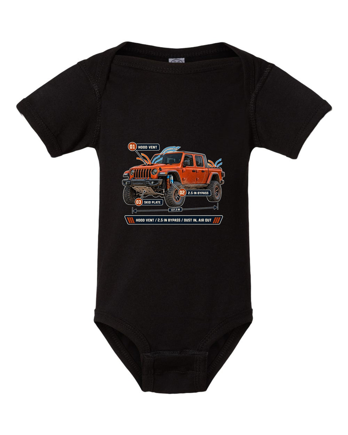 Aero callout print for the Jeep Gladiator Mojave JT showing hood vent and bypass black baby onesie front view with the design