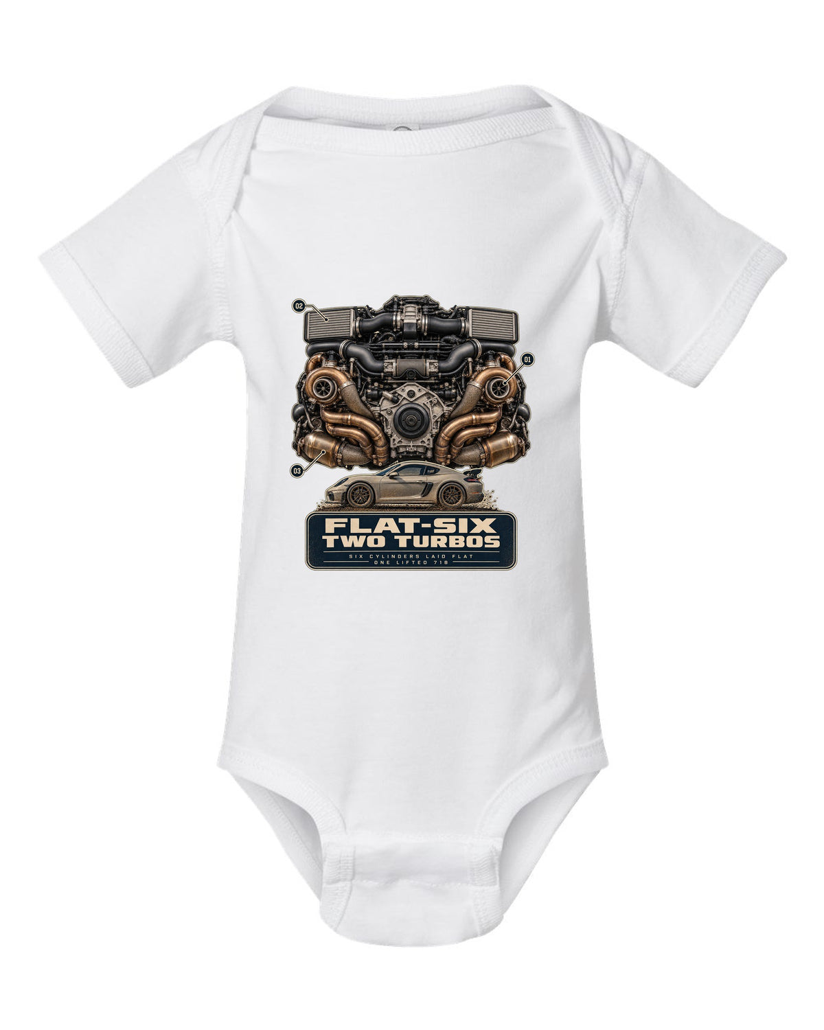 Engine hero print of a Porsche 911 Dakar 992 flat-six with two turbos white baby onesie front view with the design