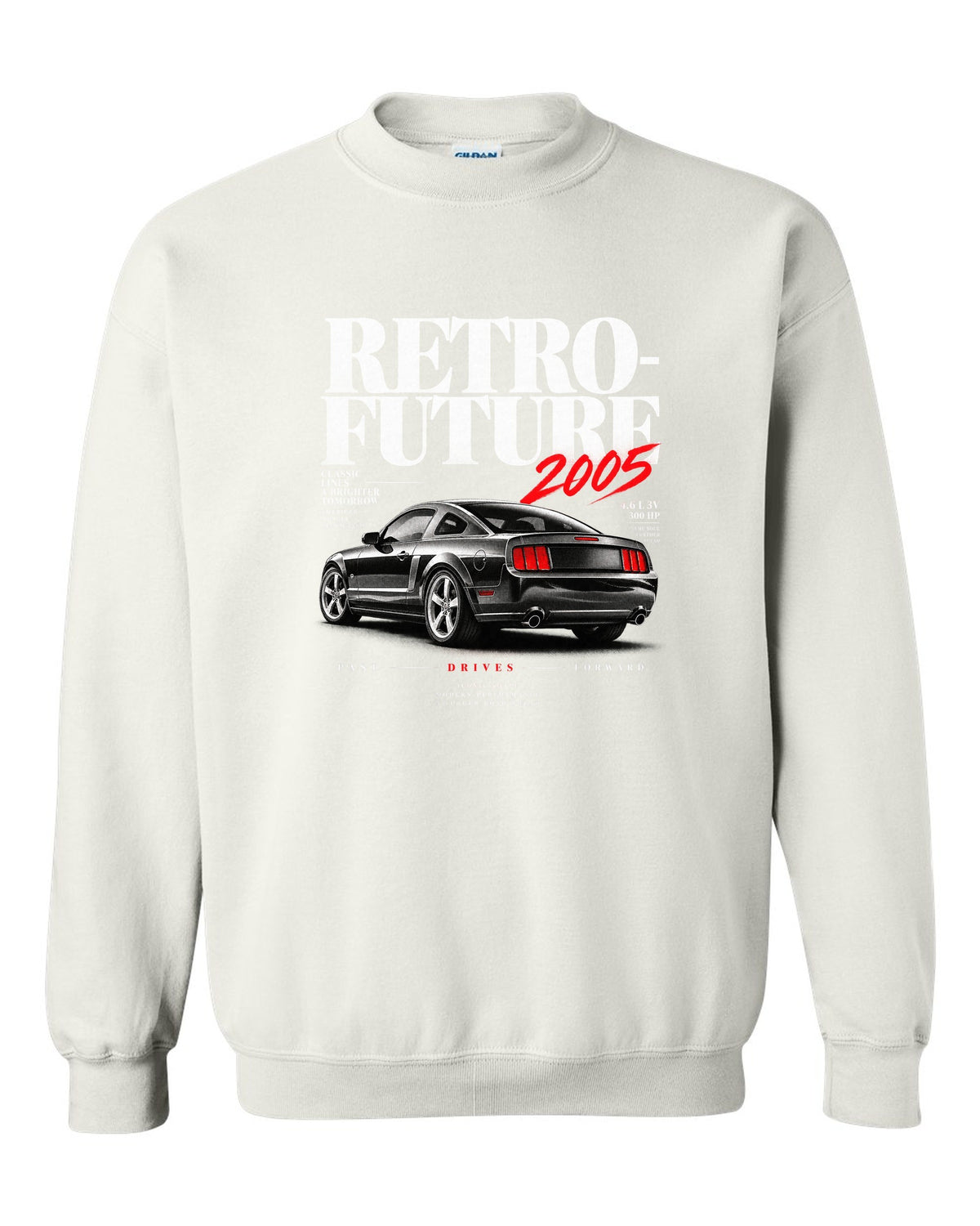 Editorial headline print of a 2005-09 Ford Mustang S197 GT white crewneck front view with the design