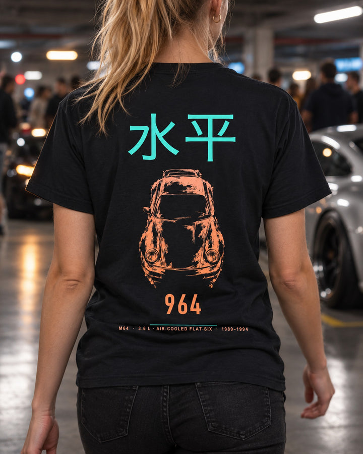 964 M64 Full-Back Graphic Tee T-Shirt Black worn hero