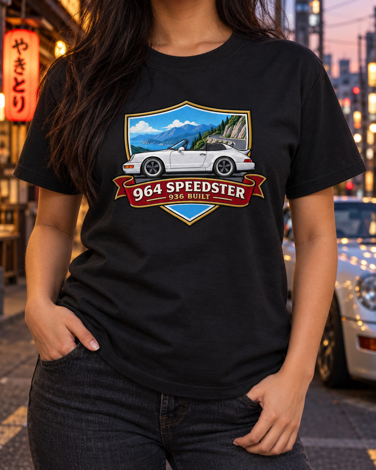 964 Speedster Shield print Shirt, Porsche Car Guy Tee T-Shirt Black worn hero