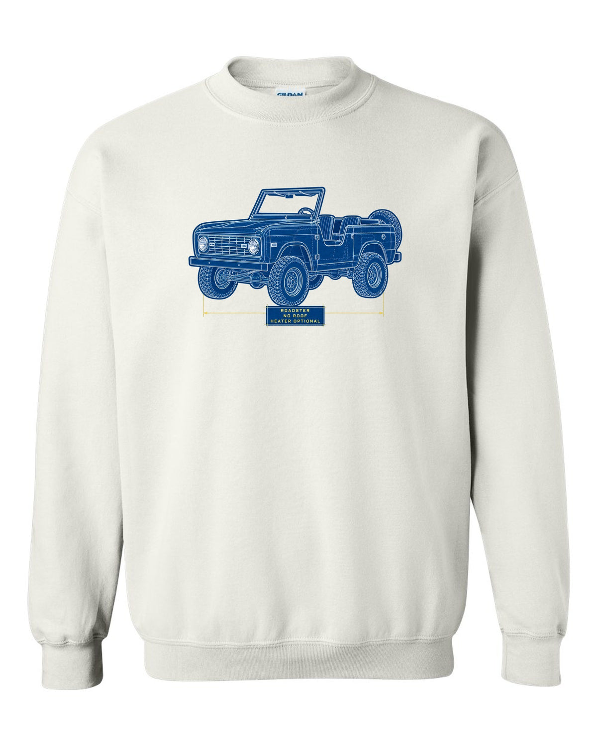 Cyanotype plan-view blueprint of a 1966 Ford Bronco U13 roadster on a trail map with NO ROOF lettering white crewneck front view with the design