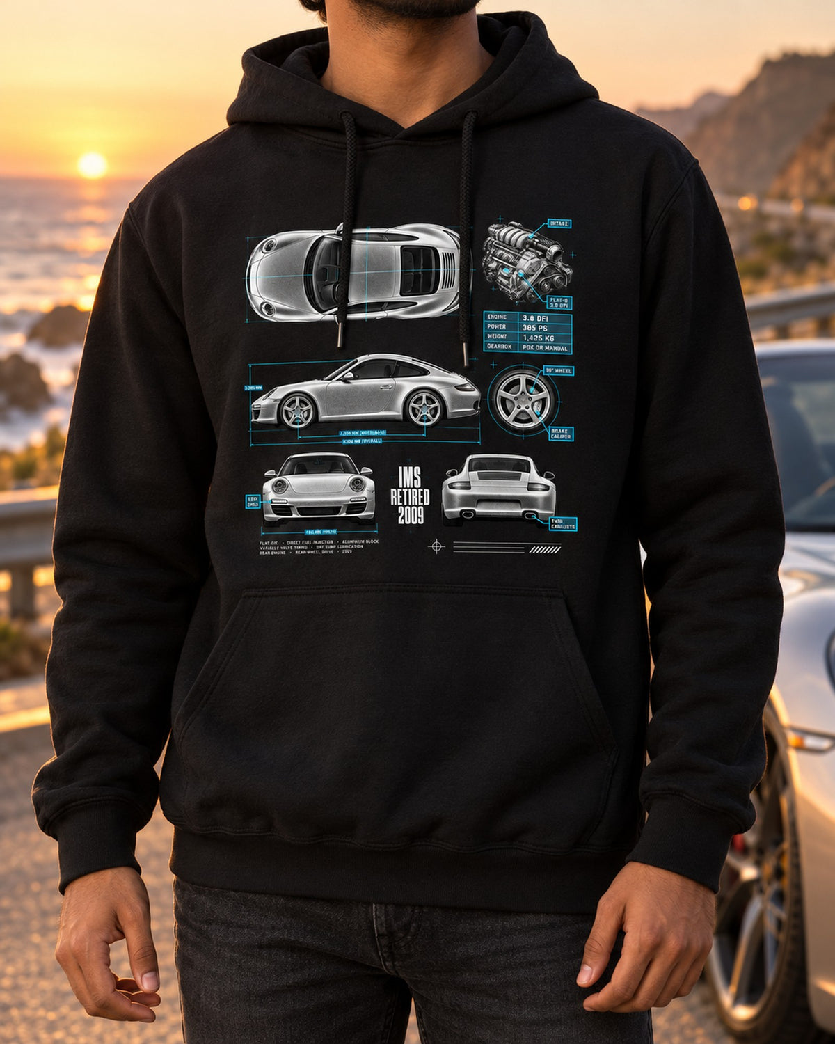 Porsche 911 Carrera S 997.2 IMS Retired 2009 Spec Poster Shirt Pull Over Hoodie Black worn hero