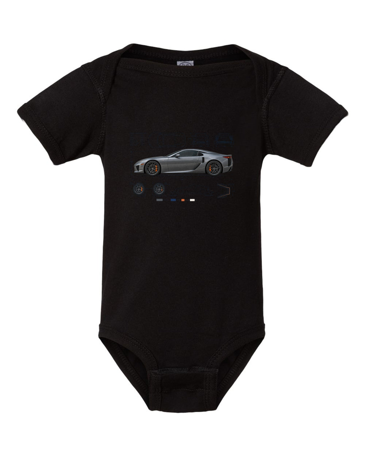 Blueprint style print of the Lexus LFA LFA10 with V10 spec lines black baby onesie front view with the design