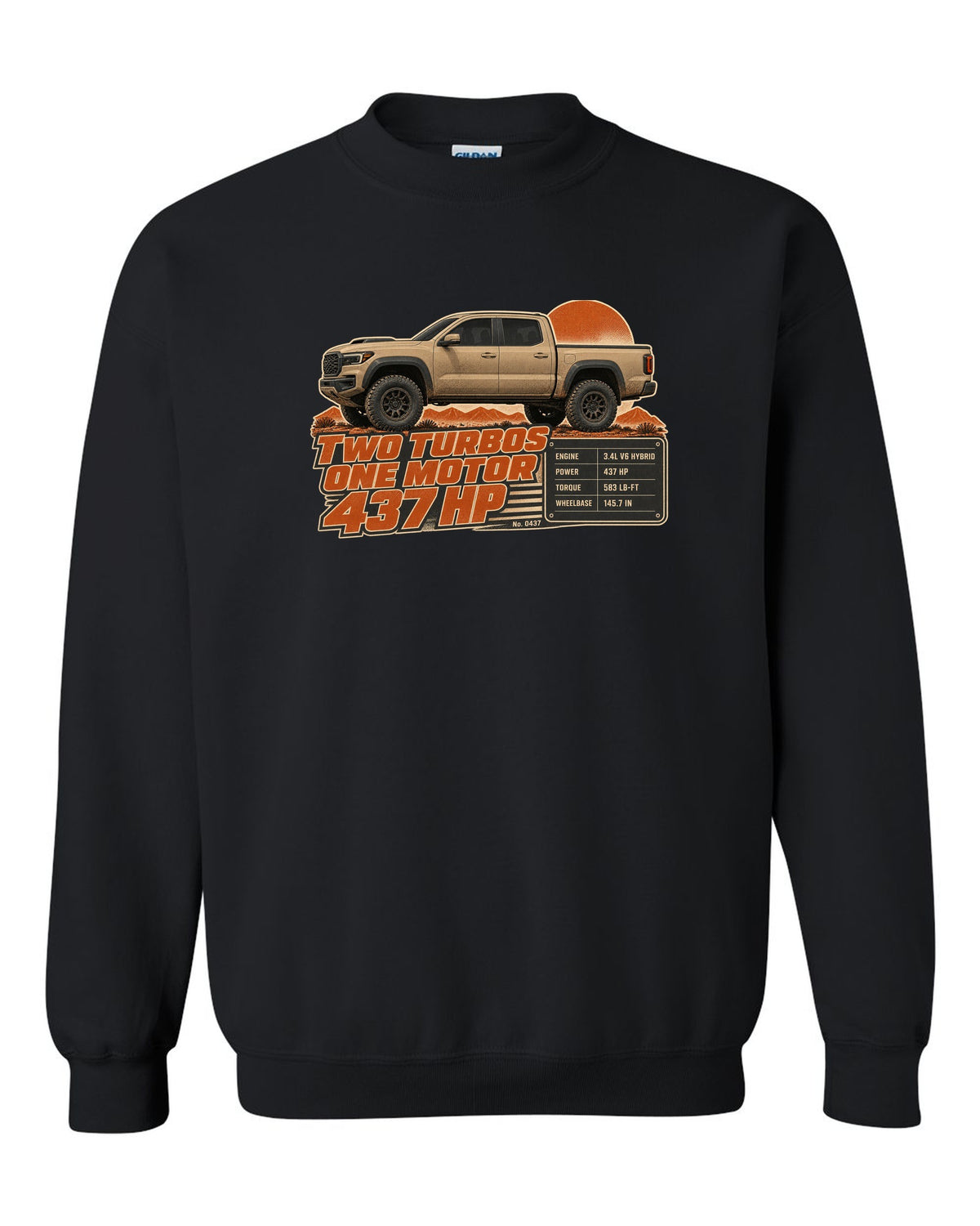 Toyota Tundra TRD Pro i-FORCE MAX hybrid spec poster design black crewneck front view with the design