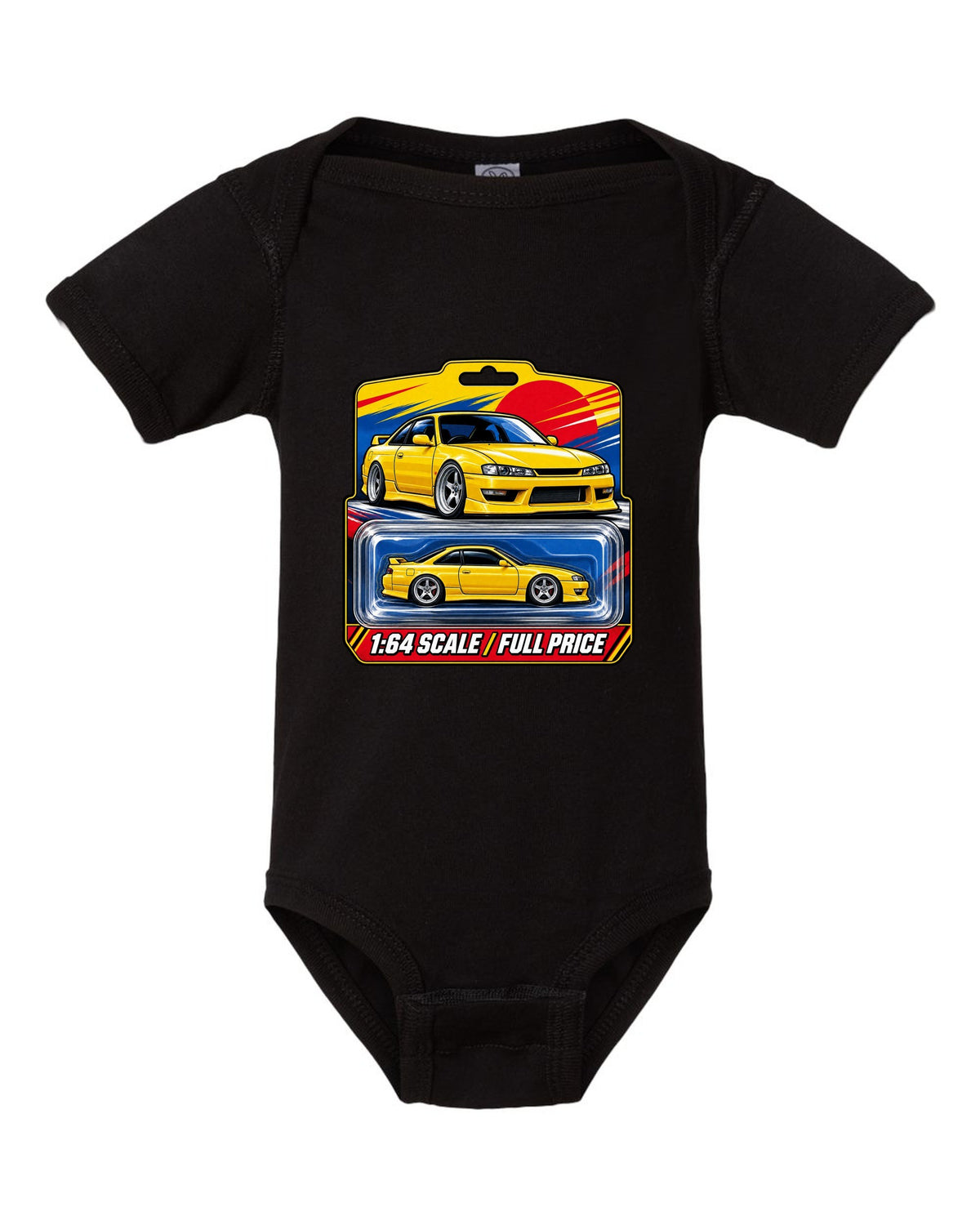 Toy blister card layout print of a Nissan Silvia S14 with 1:64 scale full price text black baby onesie front view with the design