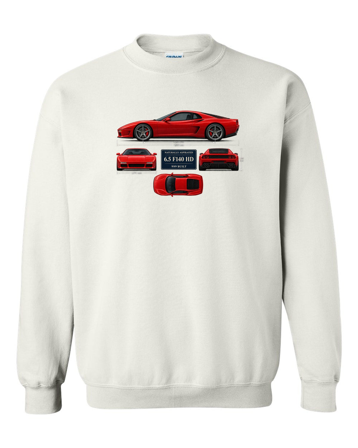 Ferrari 812 Competizione dimension blueprint print with 6.5 F140 HD, 999 built white crewneck front view with the design