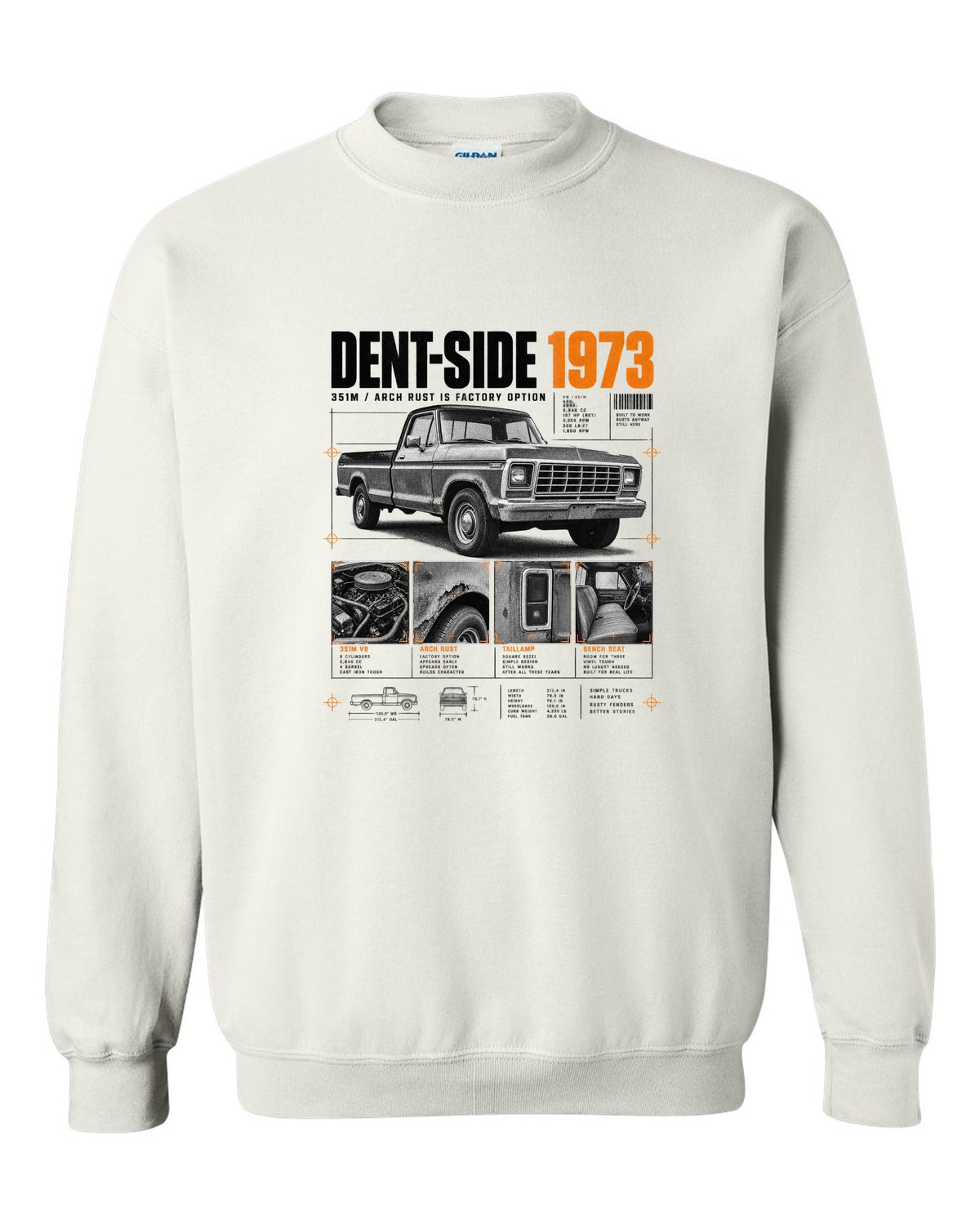 Ford F-150 Dent-Side 1973 351M Rust Dossier Panel white crewneck front view with the design
