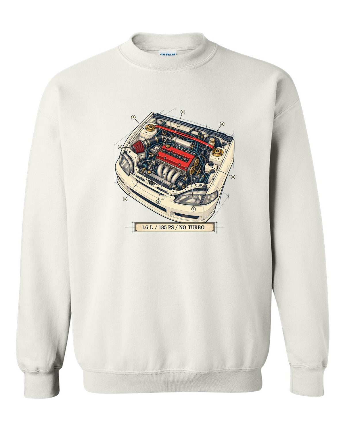 Patent drawing line art of the Honda Civic Type R EK9 with B16B spec text white crewneck front view with the design