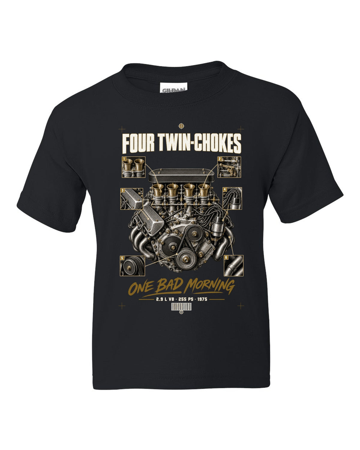 Ferrari 308 GTB 1975 engine print, four twin-choke carbs, 2.9 L V8, 255 PS black kids tee front view with the design