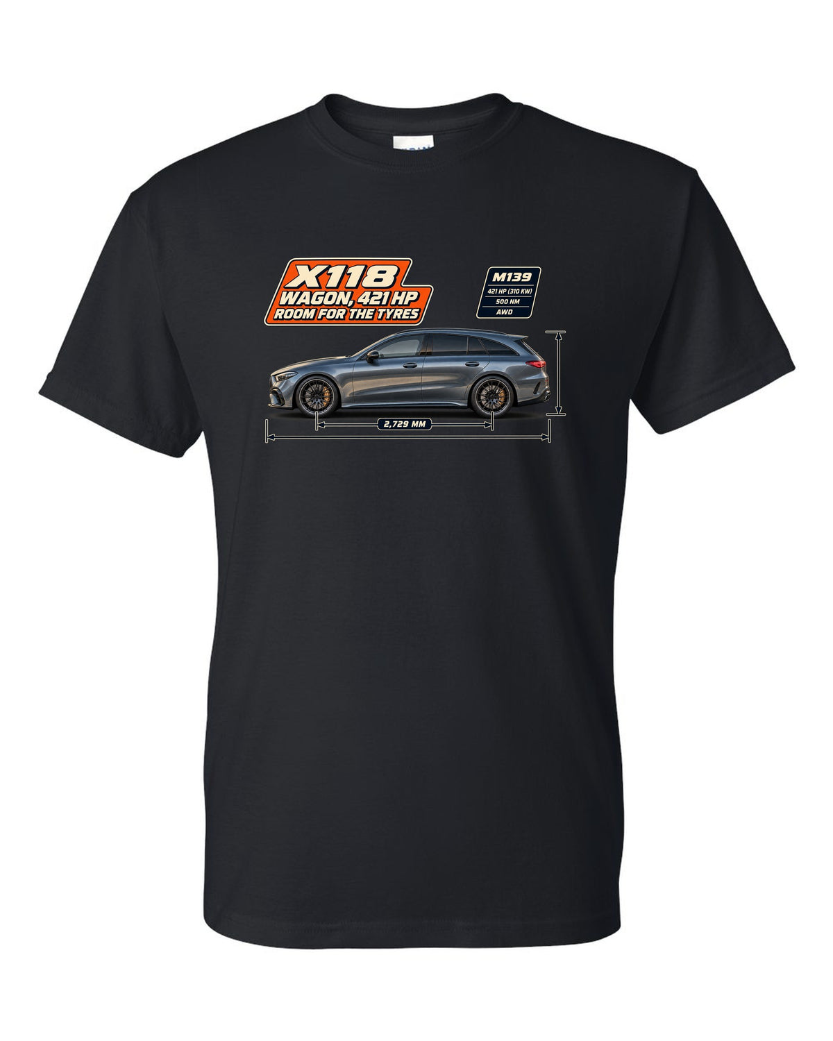 Mercedes-AMG CLA 45 S Shooting Brake X118 wagon spec poster print black t-shirt front view with the design