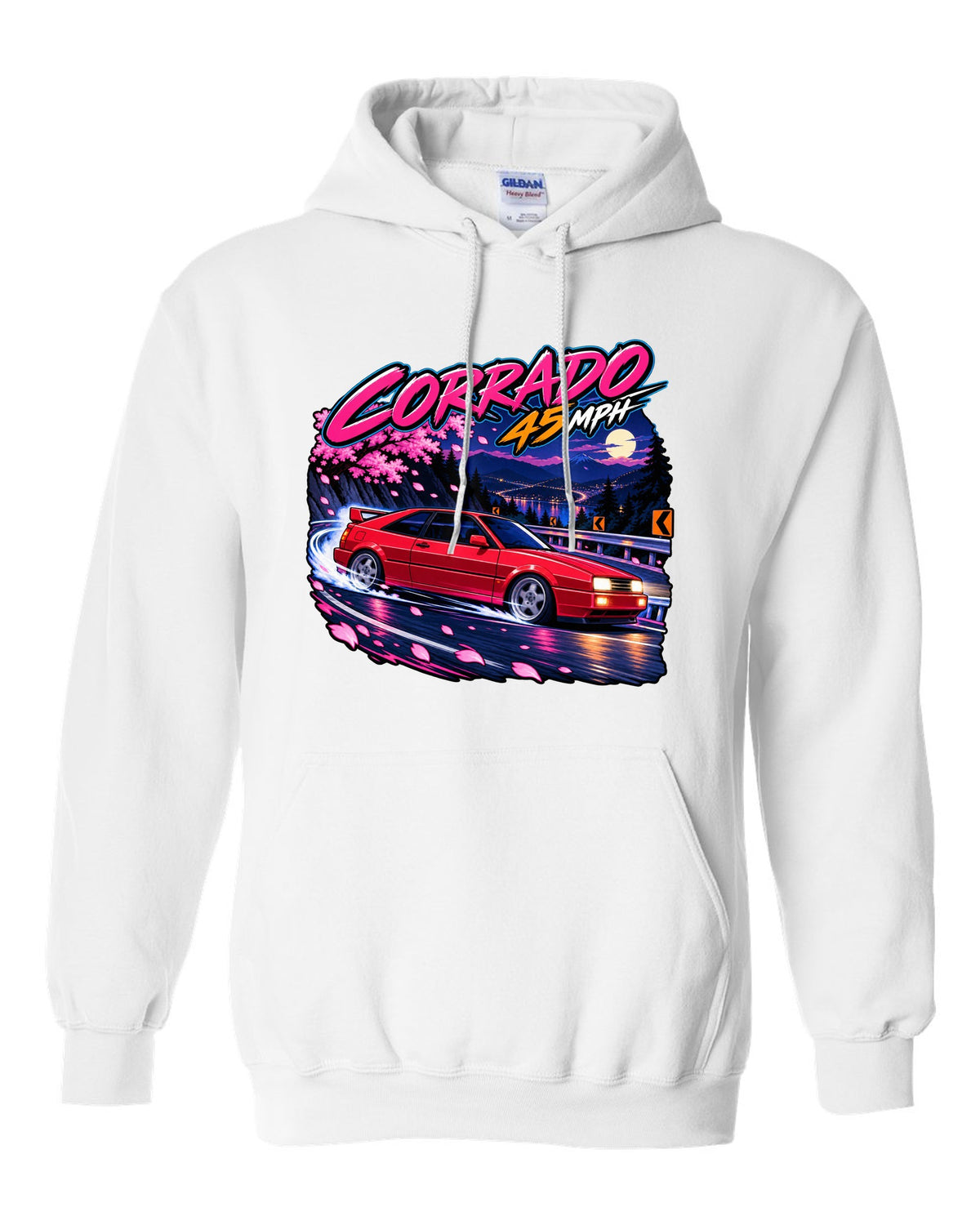 Cel-shaded anime night touge hairpin scene of a VW Corrado VR6 with Corrado 45 mph text white pull over hoodie front view with the design