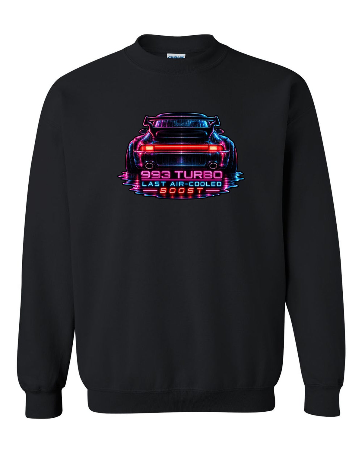 Porsche 993 Turbo neon noir design with glowing rear light bar black crewneck front view with the design