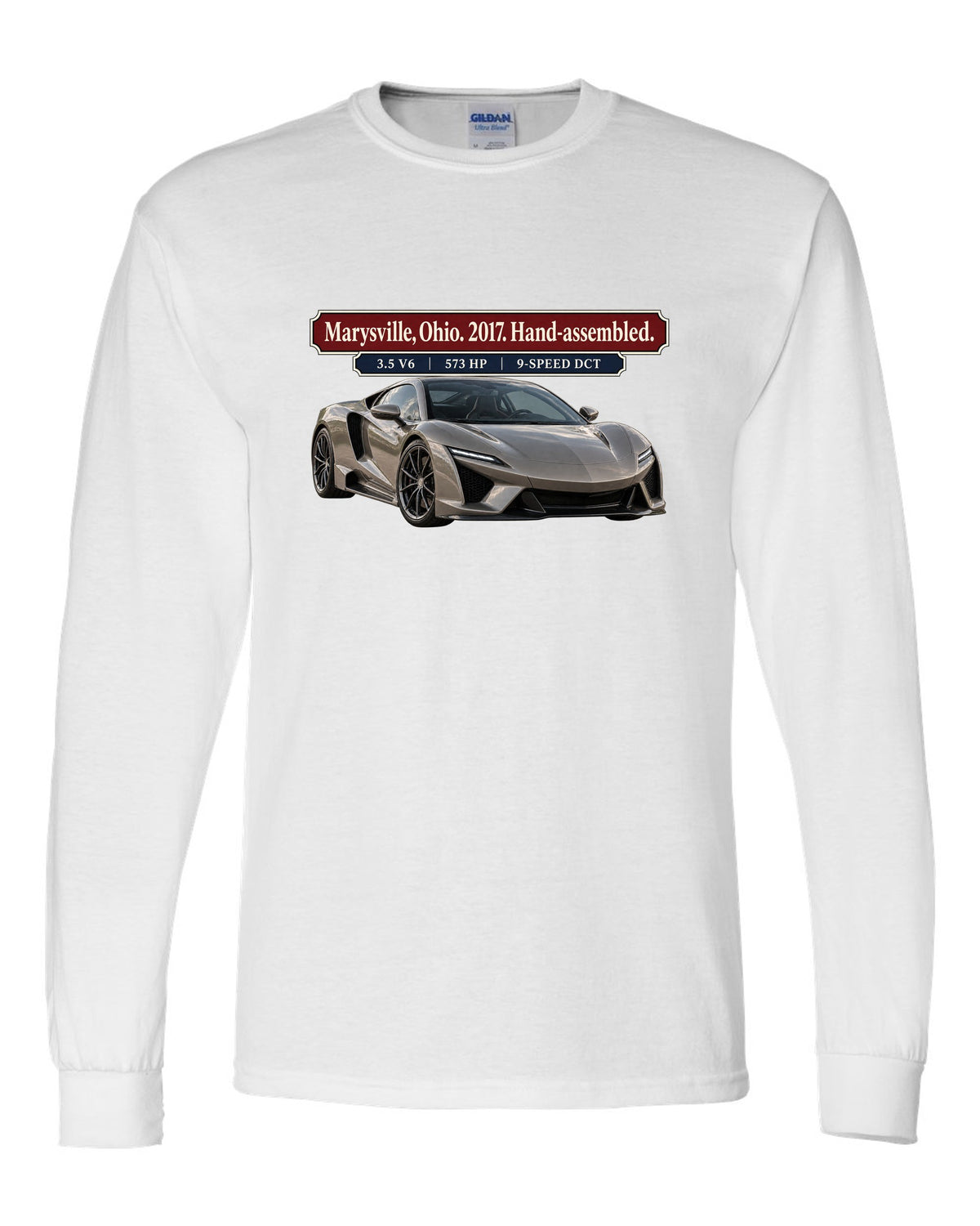 Archive panel print of a 2017 Acura NSX NC1 launch car in warm grey white long sleeve front view with the design