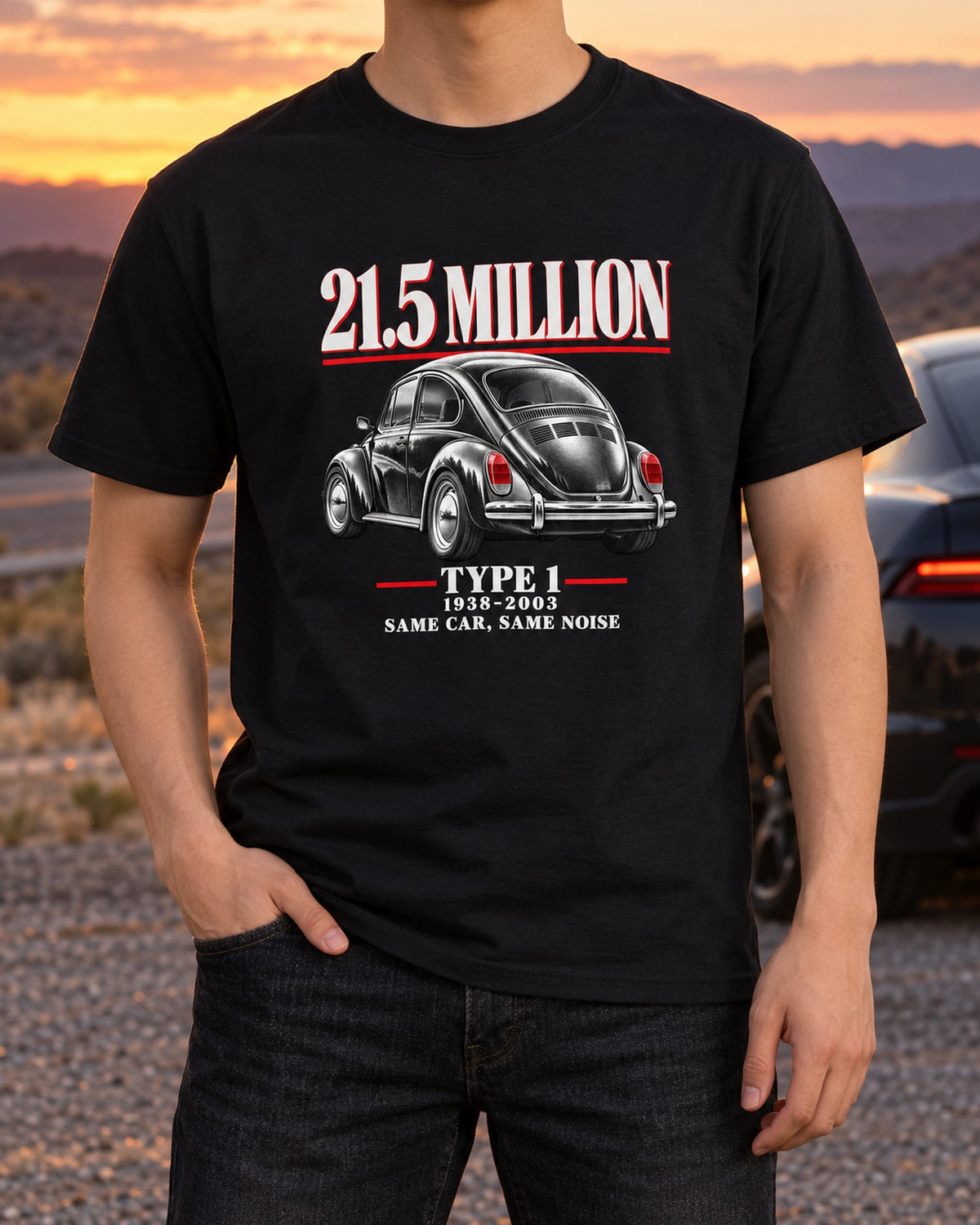 VW Beetle Type 1 1303 Super Beetle Editorial Tee, 21.5 Million T-Shirt Black worn hero