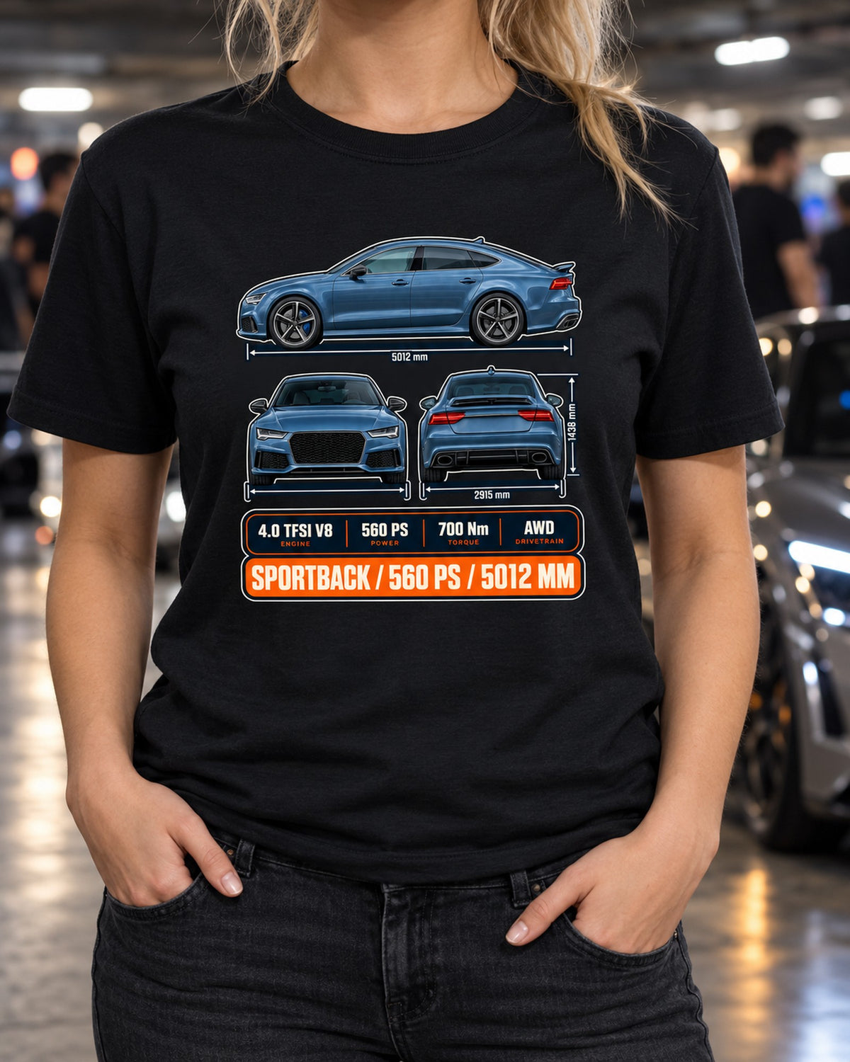Audi RS7 Sportback C7 Three-View Tee, 560 PS Spec Graphic T-Shirt Black worn hero