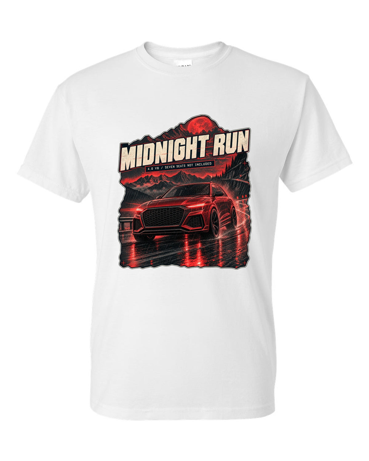 Audi RS Q8 night street scene print with midnight run text white t-shirt front view with the design
