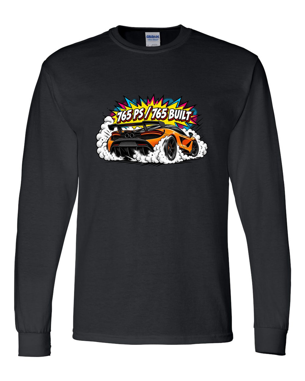Comic halftone pop-art print of a McLaren 765LT burnout with 765 PS and 765 Built lettering black long sleeve front view with the design