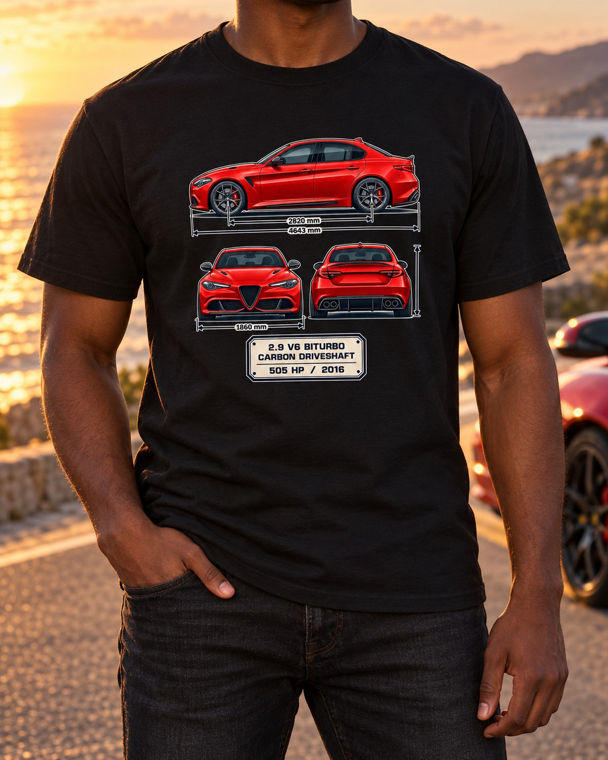 Alfa Romeo Giulia Quadrifoglio 952 Three-View Spec Shirt T-Shirt Black worn hero