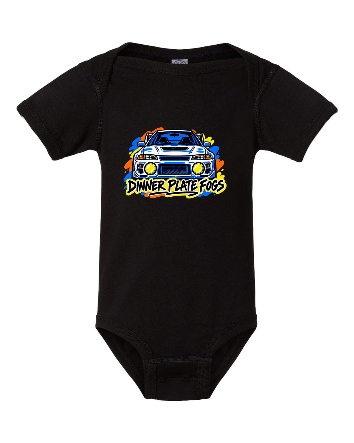 Mitsubishi Lancer Evolution IV CN9A mono-line sketch, DINNER PLATE FOGS black baby onesie front view with the design