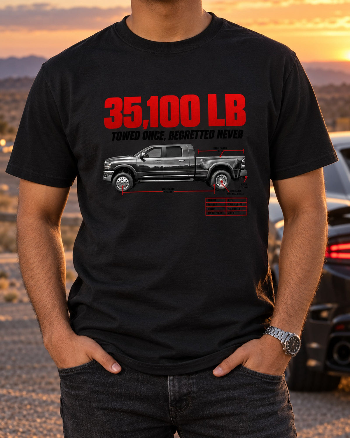 Ram 3500 5th Gen Side Profile Spec Poster Tee, 35,100 Lb T-Shirt Black worn hero