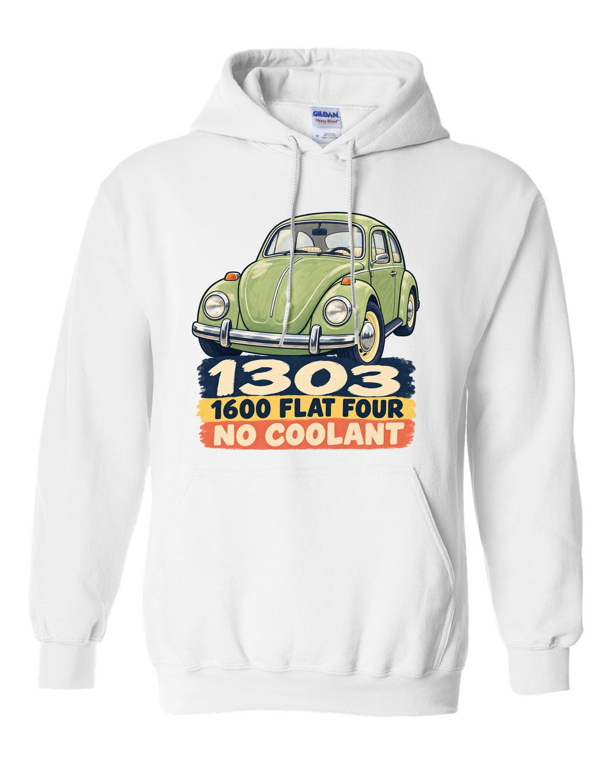 Gouache-style painted flat colour print of a VW Beetle Type 1 1303 with 1600 flat four lettering white pull over hoodie front view with the design