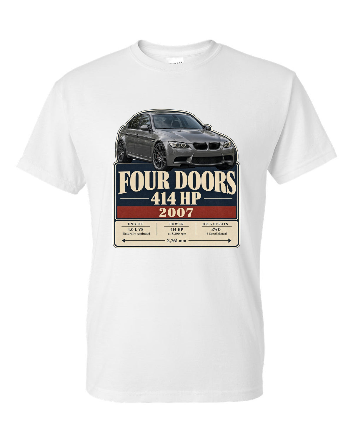 BMW M3 E90 saloon archive panel print white t-shirt front view with the design