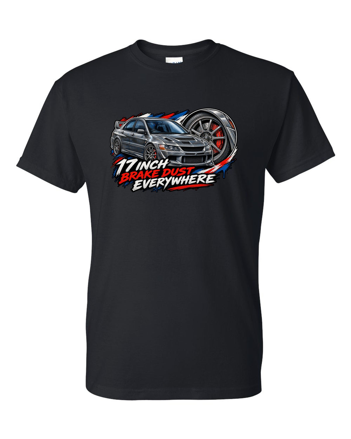Painterly close-up of a grey spoke wheel on a Mitsubishi Evo VIII CT9A with 17 inch brake dust text black t-shirt front view with the design