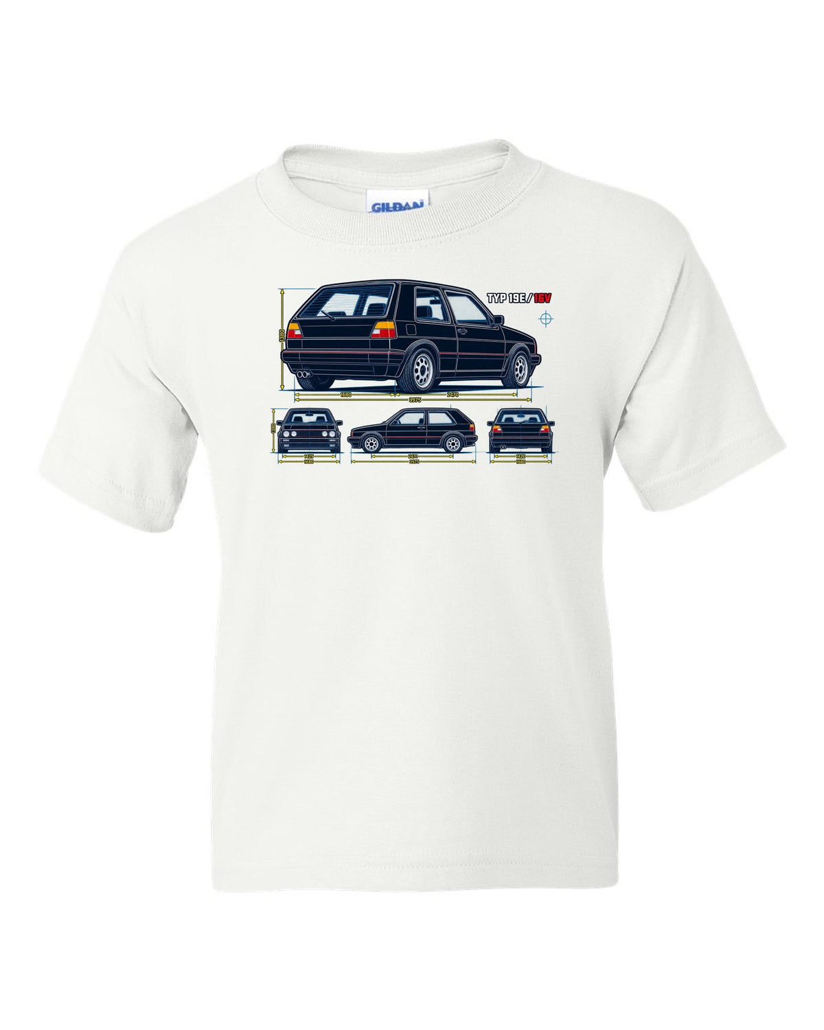 Blueprint line art print of a VW Golf Mk2 GTI 16V with Typ 19E text white kids tee front view with the design