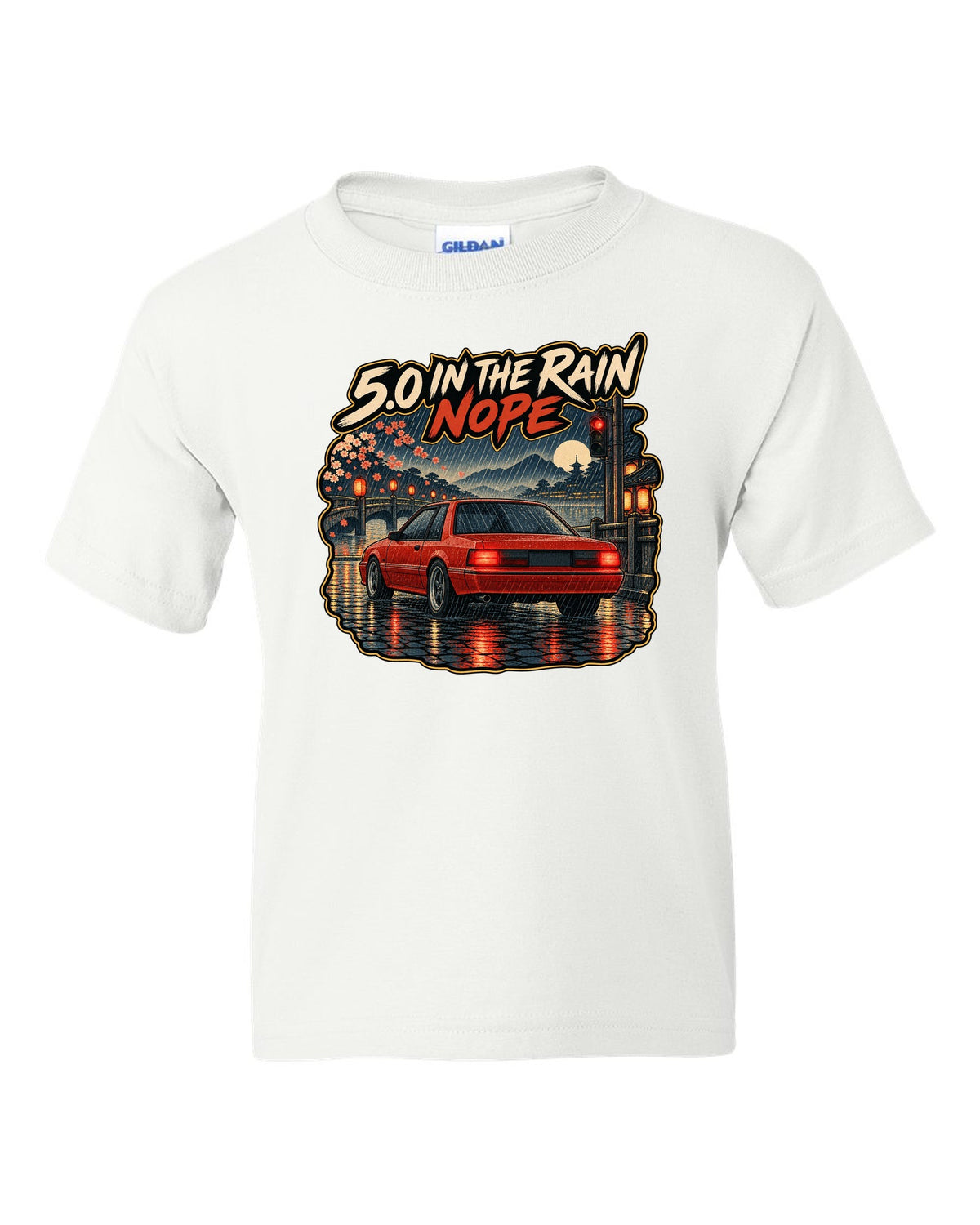 Woodblock style 1990 Ford Mustang Fox Body notchback in rain with 5.0 caption white kids tee front view with the design
