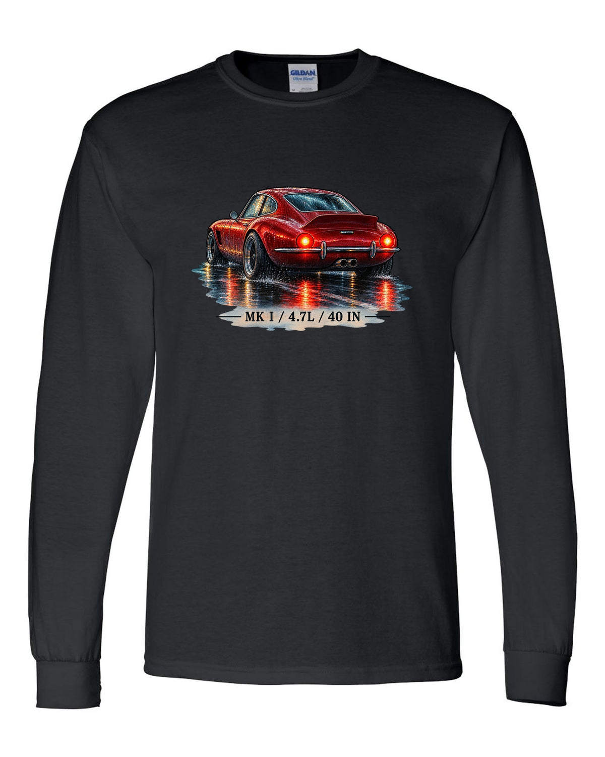 Watercolour of a Ford GT40 Mk I on a wet night road with 4.7L lettering black long sleeve front view with the design