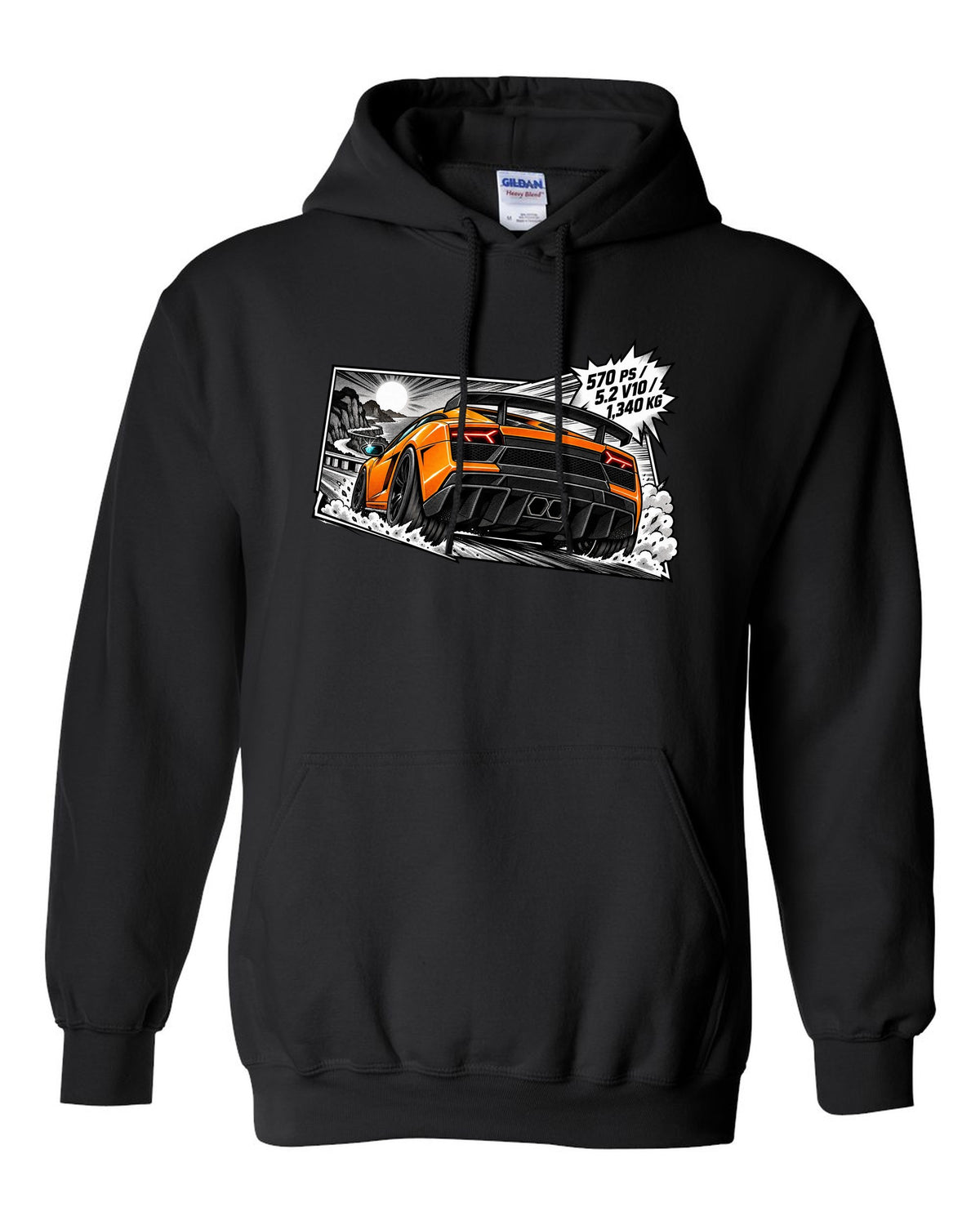 Retro manga halftone panel of a Lamborghini Gallardo LP570-4 Superleggera with spec text black pull over hoodie front view with the design