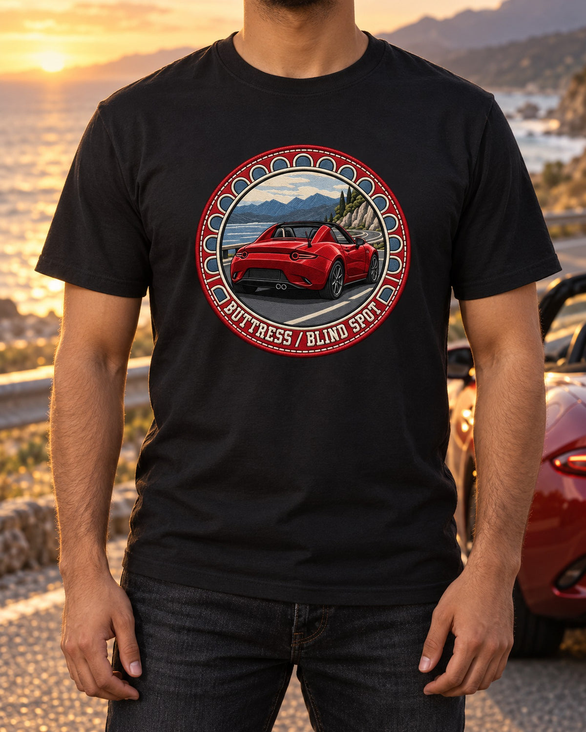 Mazda MX-5 ND RF Fastback Roundel Crest Shirt, Miata Gift T-Shirt Black worn hero