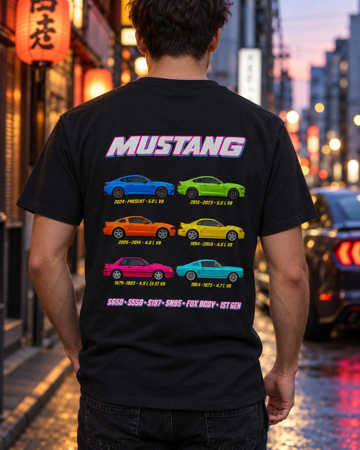 Ford Mustang Evolution Poster Full-Back Graphic Tee T-Shirt Black worn hero